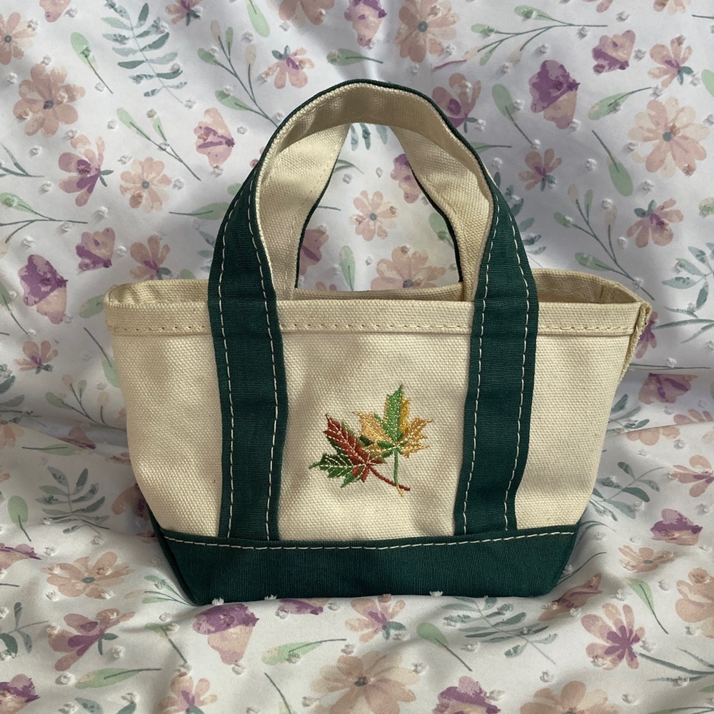 Vintage LL BEAN Mini Micro Canvas Tote Leaves Embroidered Handbag